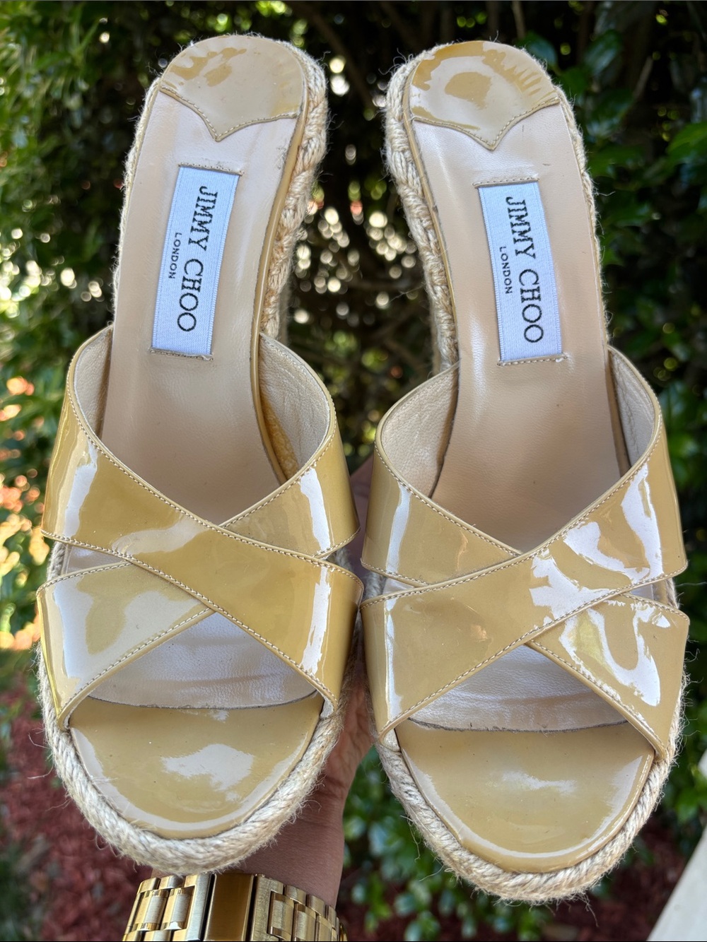 Jimmy Choo Beige Patent Espadrille Wedge Mules